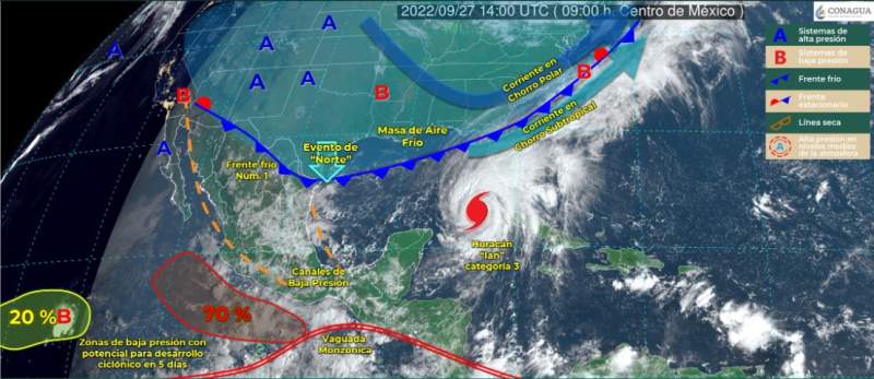 El Frente Frío Número 1 en interacción con el huracán “Ian”, provocará lluvias con tormentas fuertes en varias regiones de Oaxaca