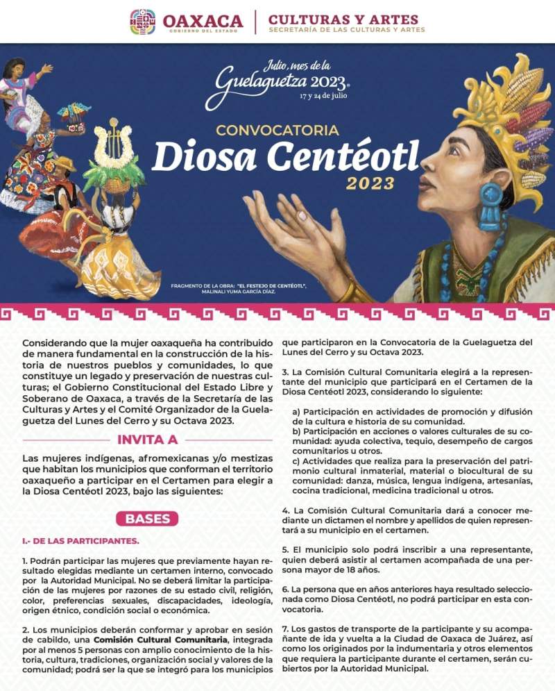 Publica Secretaría de las Culturas y Artes Convocatoria para elegir a la Diosa Centéotl 2023