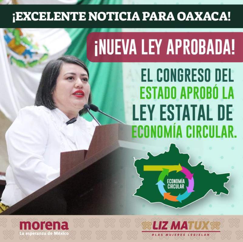 Aprueba Congreso del Estado de Oaxaca la Ley Estatal de Economía Circular para Fomentar la Sostenibilidad: Dip. Liz Hernández Matus.